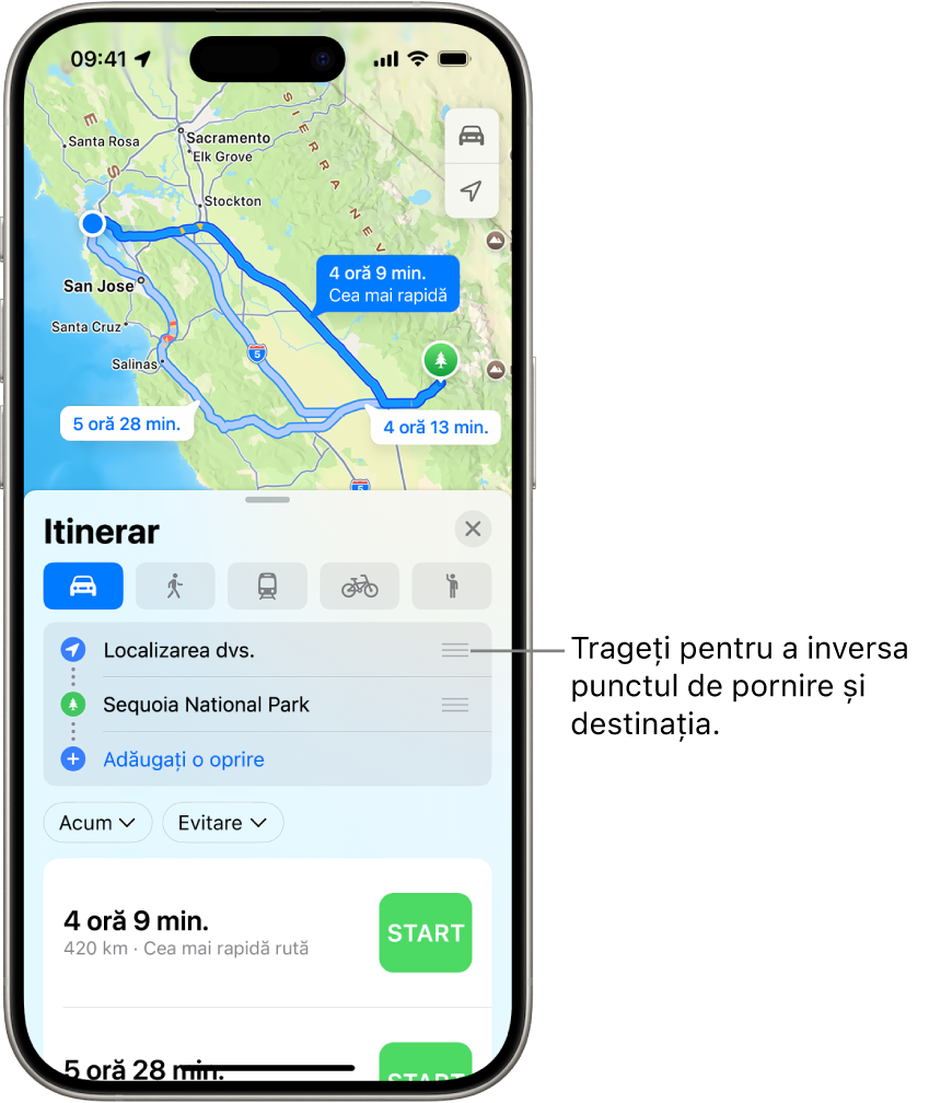O hartă are câteva rute posibile pentru itinerare auto între Localizarea dvs. și o destinație.