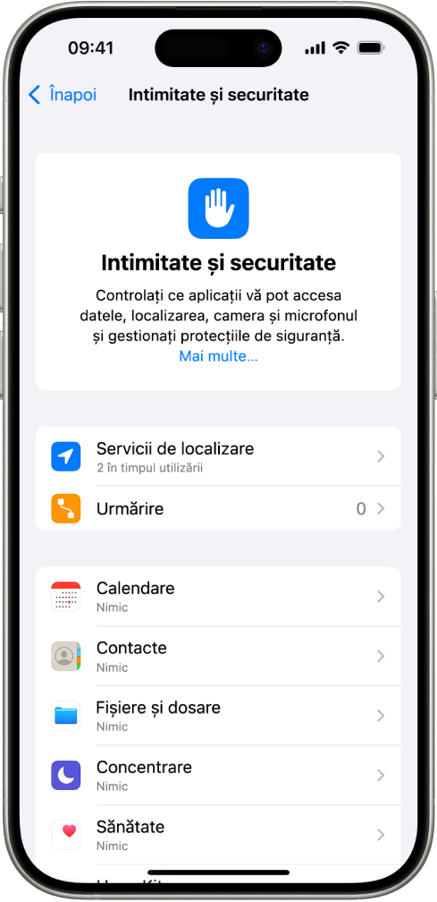 Ecranul Intimitate și securitate, cu configurări pentru Servicii de localizare și Urmărire, precum și pentru controlul aplicațiilor care vă pot accesa datele.