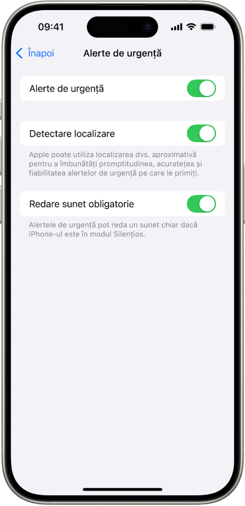 Ecranul Alerte de urgență, având activate opțiunile Alerte de urgență, Detectare localizare și Redare sunet obligatorie.