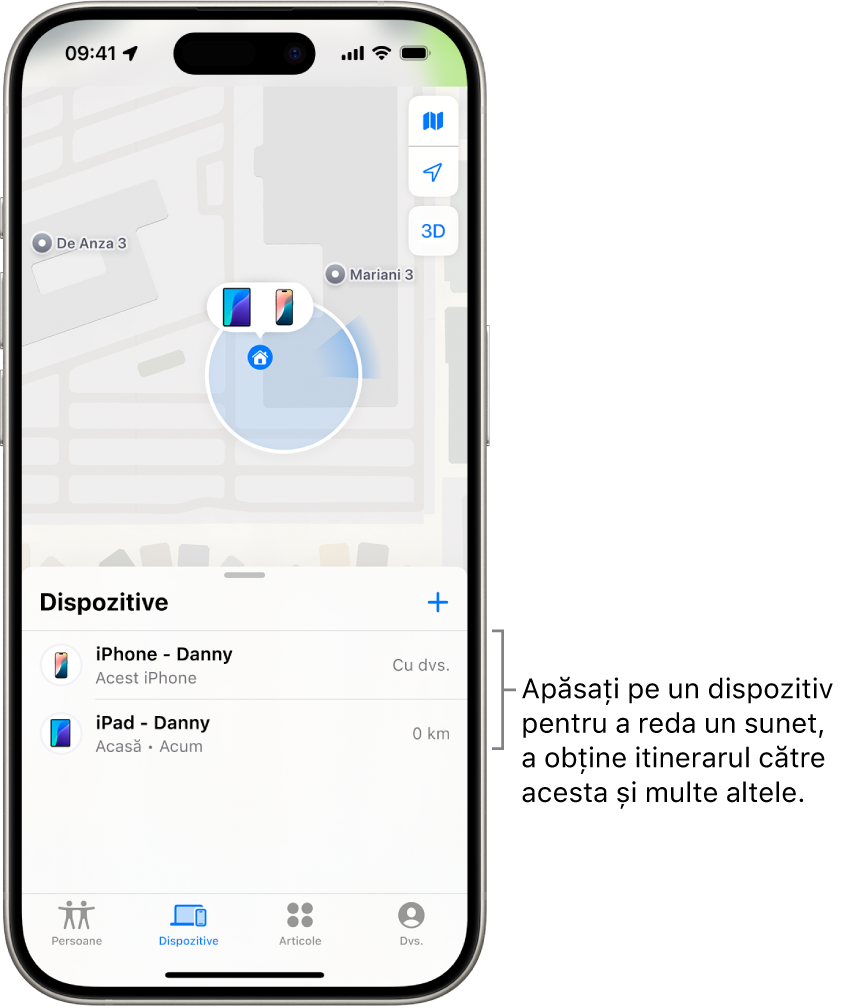 Ecranul Găsire deschis în lista Dispozitive. Există două dispozitive în lista Dispozitive: iPhone - Daniel și iPad - Daniel. Localizările lor sunt afișate pe o hartă.