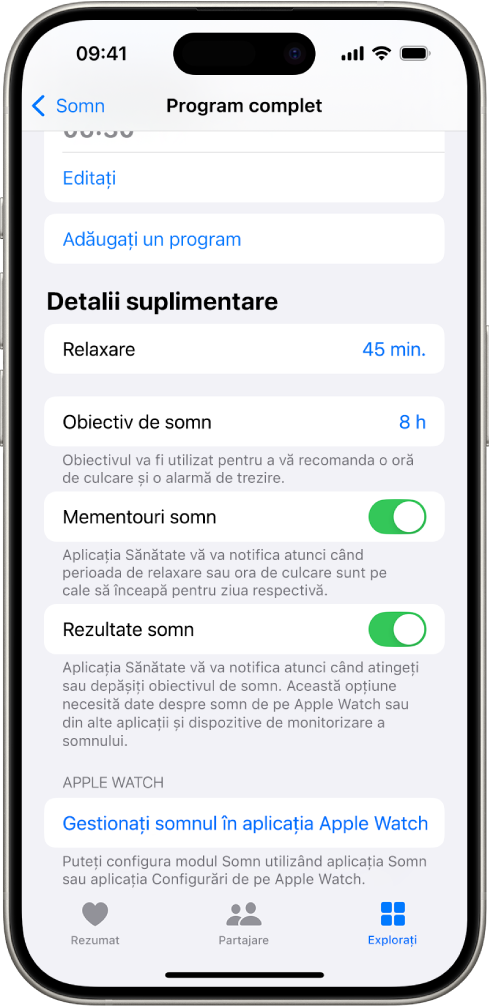 Secțiunea Detalii suplimentare din ecranul Program complet.