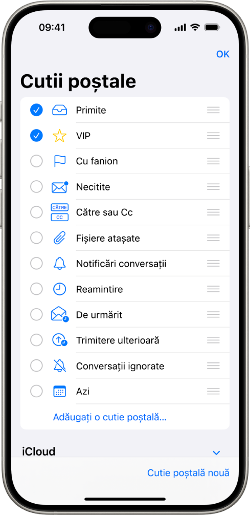 Ecranul de editare Cutii poștale. Cutii poștale opționale sunt listate de sus în jos, cu o casetă de validare în stânga fiecărei opțiuni. În colțul din dreapta jos al ecranului se află un buton intitulat Cutie poștală nouă.