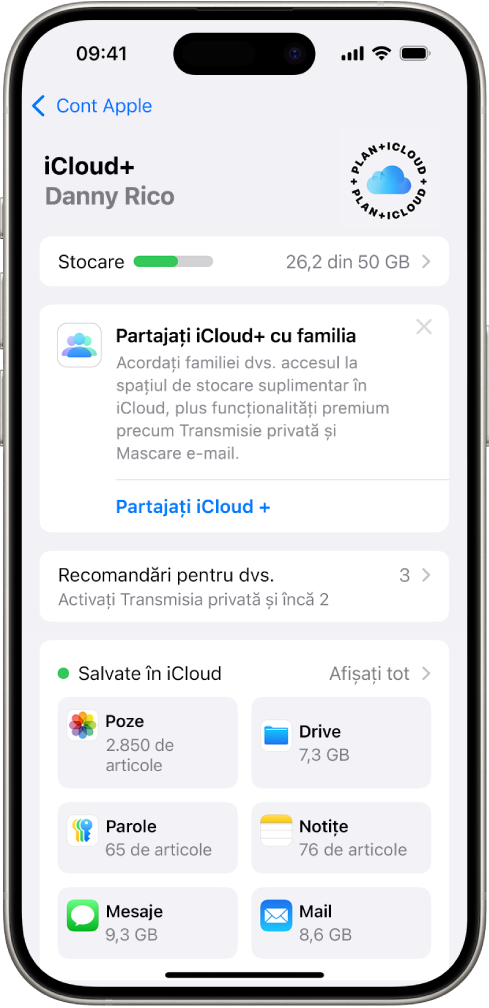 Ecranul de configurări iCloud afișând contorul de stocare iCloud și o listă de aplicații și funcționalități, inclusiv Poze, iCloud Drive și Mail iCloud ce pot fi utilizate cu iCloud.