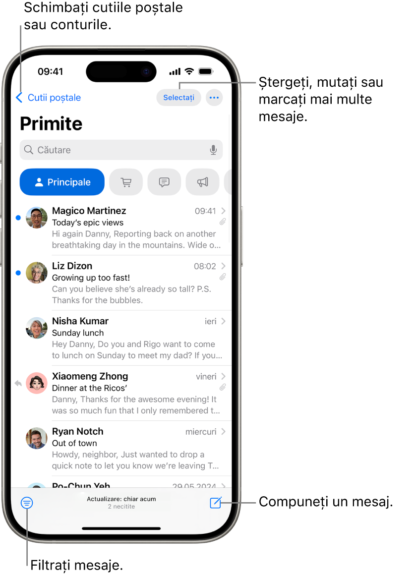 Cutia poștală Primite, afișând o listă de e‑mailuri.
