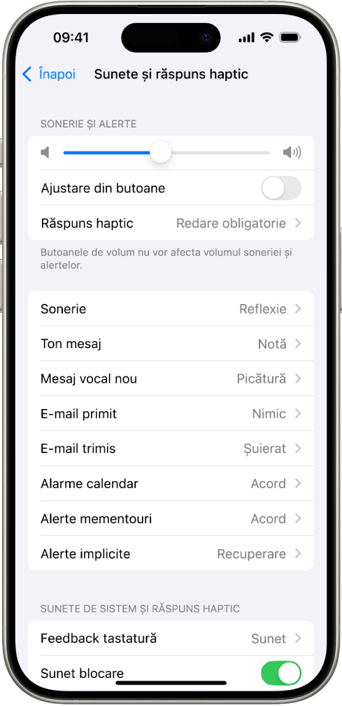 Ecranul Sunete și răspuns haptic din Configurări. De sus în jos, opțiunile de pe ecran sunt Sunet căști audio și Siguranța căștilor audio, Volum sonerie și alerte cu un glisor pentru ajustarea volumului și opțiunea de a schimba volumul din butoane, și Sunete și modele haptice, incluzând Sonerie și Ton mesaj.