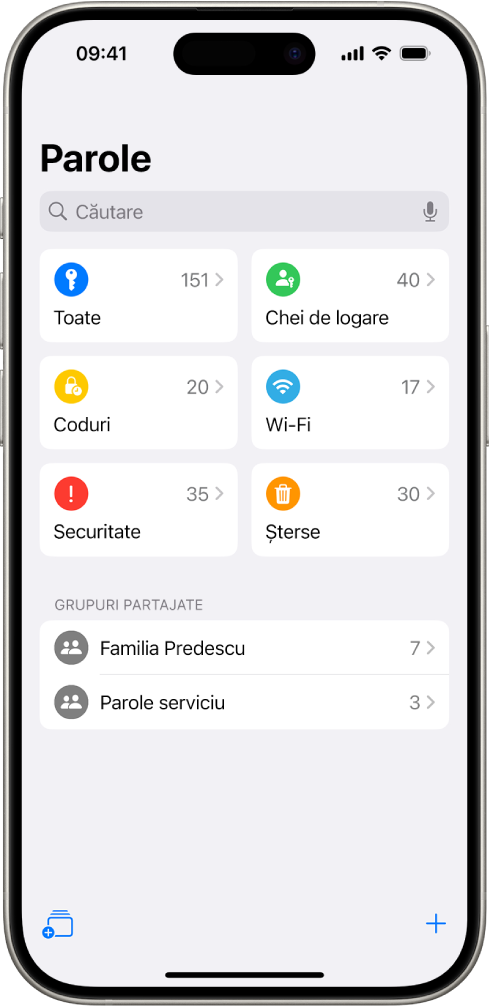 Ecranul principal pentru aplicația Parole, cu butoane pentru Toate, Chei de logare, Coduri de verificare, Wi-Fi, Securitate și Șterse, alături de o listă de Grupuri partajate.