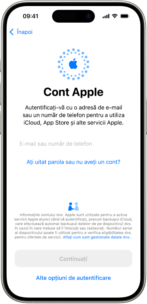 Ecranul de autentificare în contul Apple.