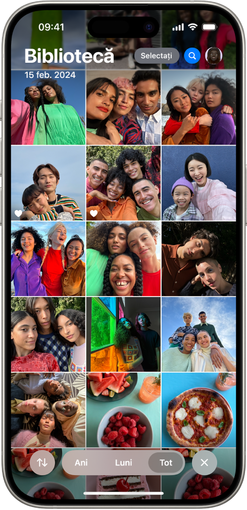 Aplicația Poze este deschisă la grila bibliotecii foto. În partea de jos a ecranului, de la stânga la dreapta, se află opțiuni pentru sortarea bibliotecii, inclusiv butoanele Filtru, Ani, Luni și Toate. În colțul din dreapta jos se află butonul Închideți, pentru închiderea bibliotecii.