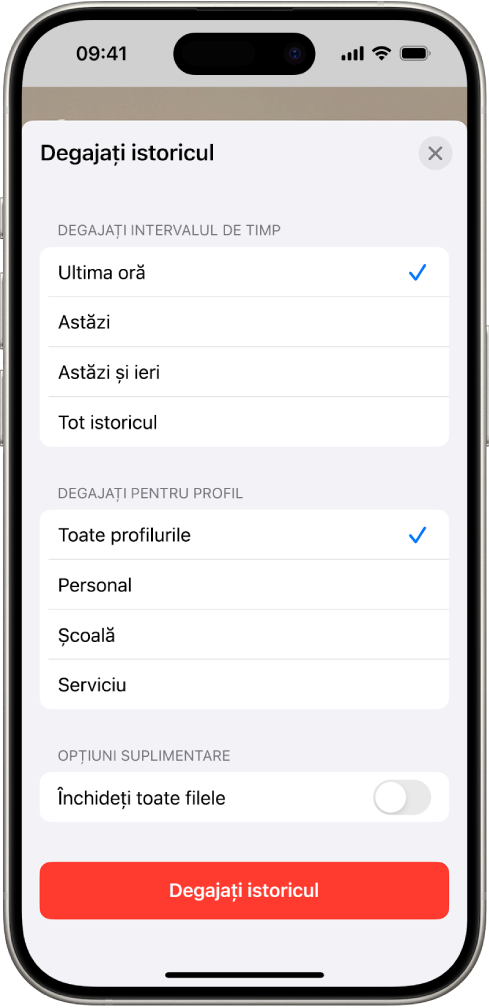 Meniul Degajați istoricul. Sub Degajați intervalul de timp, este selectată opțiunea Ultima oră. Sub Degajați pentru profil este selectată opțiunea Toate profilurile. Butonul Degajați istoricul este în partea de jos a ecranului.
