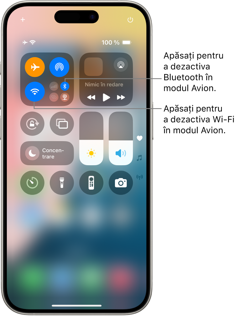 Centrul de control al iPhone‑ului. În grupul de comenzi din stânga sus se află butonul Mod Avion (stânga sus), butonul Wi-Fi (stânga jos) și butonul Bluetooth (dreapta jos). Modul Avion, Wi-Fi și Bluetooth sunt activate. Apăsați pe butonul Bluetooth pentru a dezactiva Bluetooth în modul Avion. Apăsați pe butonul Wi-Fi pentru a dezactiva Wi-Fi în modul Avion.