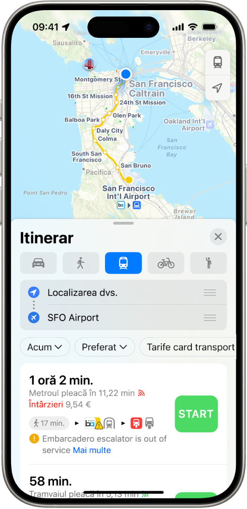 O hartă afișând rute de transport public. Fișa rutei din partea de jos oferă detalii pentru rută, inclusiv timpul estimativ de deplasare și costul total. Butonul Start apare în dreapta detaliilor.