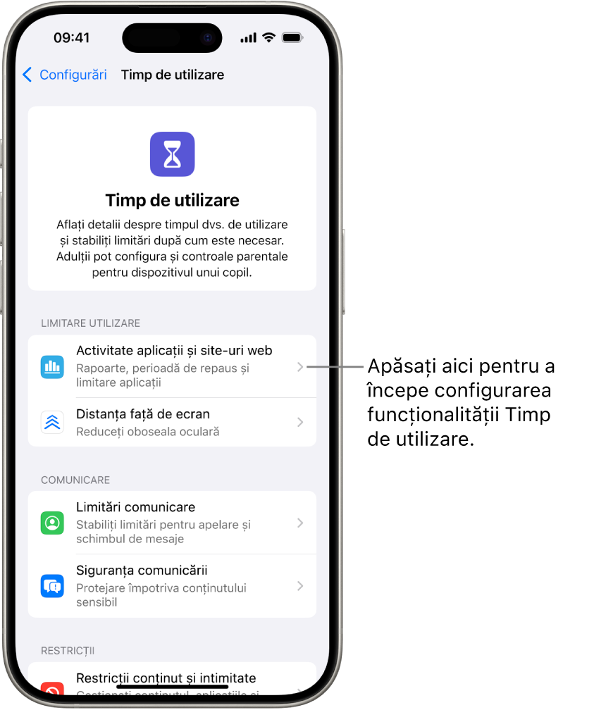 Ecranul pentru configurarea Timp de utilizare, arătând că apăsați butonul Activitate aplicații și site‑uri web pentru a începe.