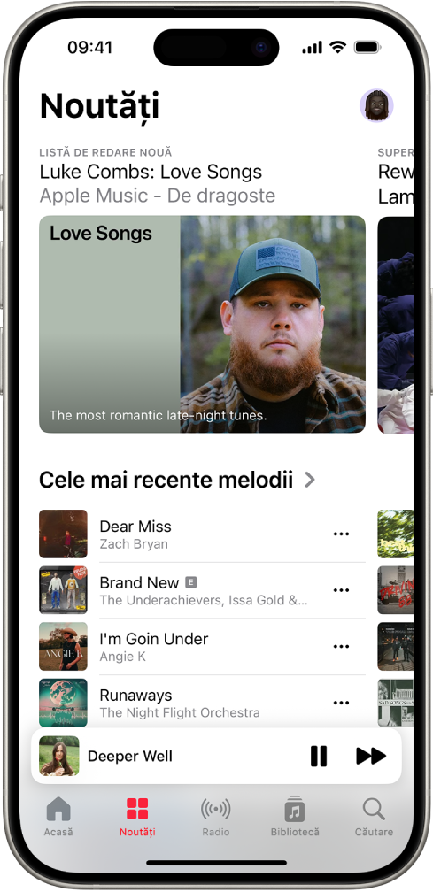 Ecranul Nou afișând în partea de sus o listă de redare recomandată. Puteți glisa la stânga pentru a vedea mai multe melodii și clipuri video recomandate. Secțiunea Cele mai recente melodii apare dedesubt. Puteți glisa în sus pe ecran pentru a explora melodii noi și recomandate.