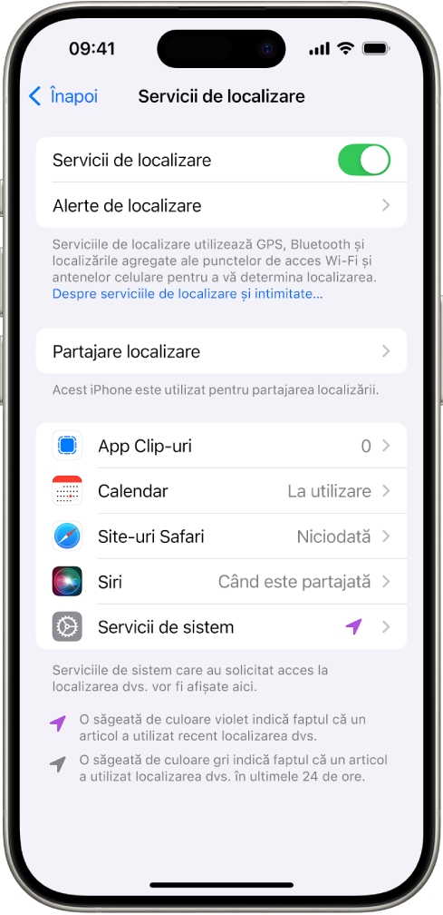 Ecranul Servicii de localizare, cu configurări pentru partajarea localizării iPhone‑ului cu aplicațiile.