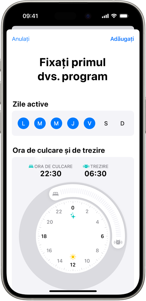 Ecranul Fixați primul dvs. program din Sănătate, cu o secțiune Zile active și un ceas pentru ora de culcare și ora de trezire.