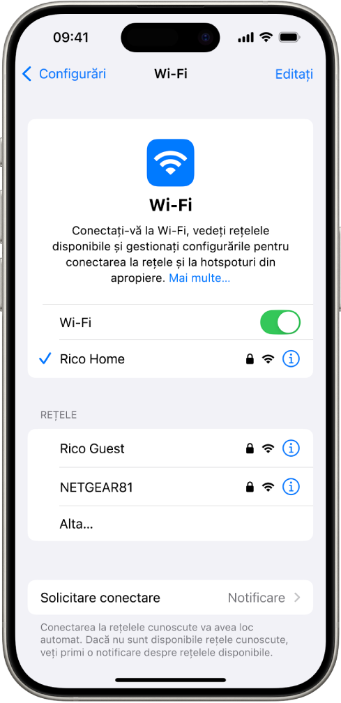Ecranul de opțiuni Wi-Fi din Configurări. Conexiunea Wi-Fi este activată și este selectată o rețea.