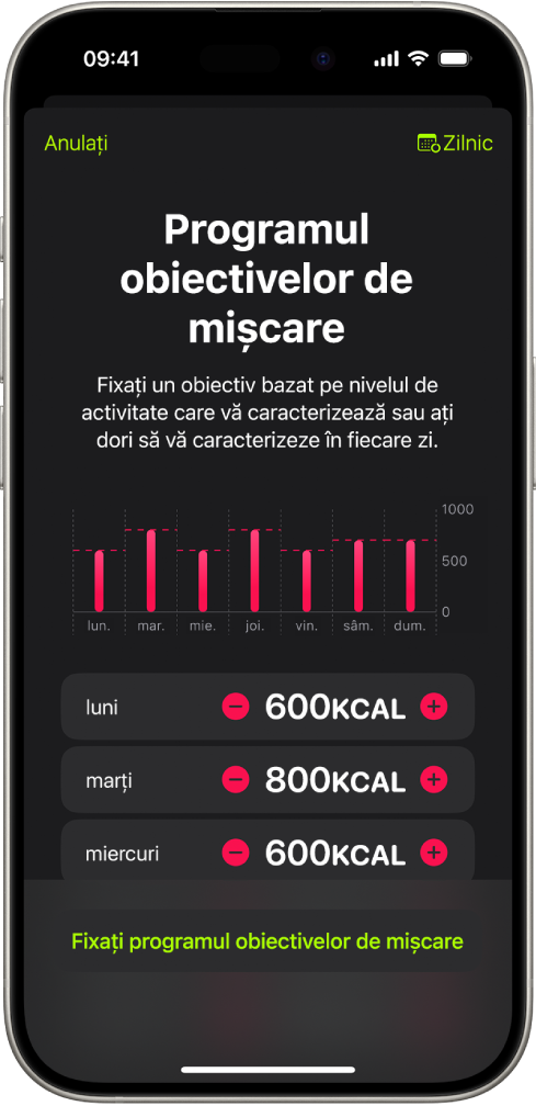 Ecranul Programul obiectivelor de mișcare din Fitness, afișând butoane pentru creșterea sau reducerea obiectivului de mișcare în funcție de ziua din săptămână.
