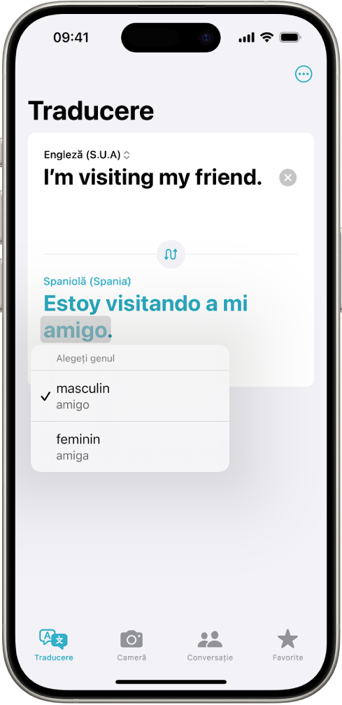 Fila Traducere, afișând o propoziție tradusă din engleză în spaniolă și un cuvânt evidențiat cu gri, cu diferite variații de gen listate mai jos.