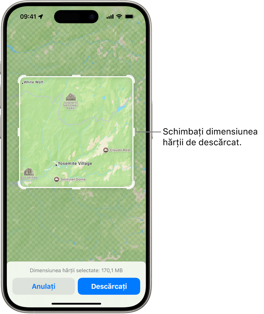 Harta unui parc național. Parcul este încadrat de un dreptunghi cu mânere, care pot fi mutate pentru a schimba dimensiunea hărții de descărcat. Dimensiunea de descărcare a hărții selectate este indicată în apropierea părții de jos a hărții. Butoanele Anulați și Descărcați se află în partea de jos a ecranului.