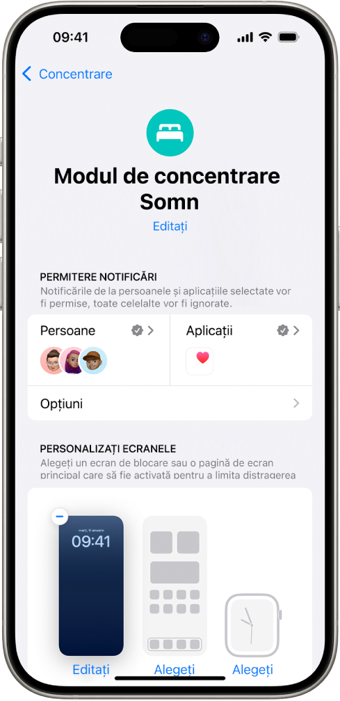 Ecranul Modul de concentrare Somn, indicând faptul că trei persoane și o aplicație sunt autorizate să trimită notificări.