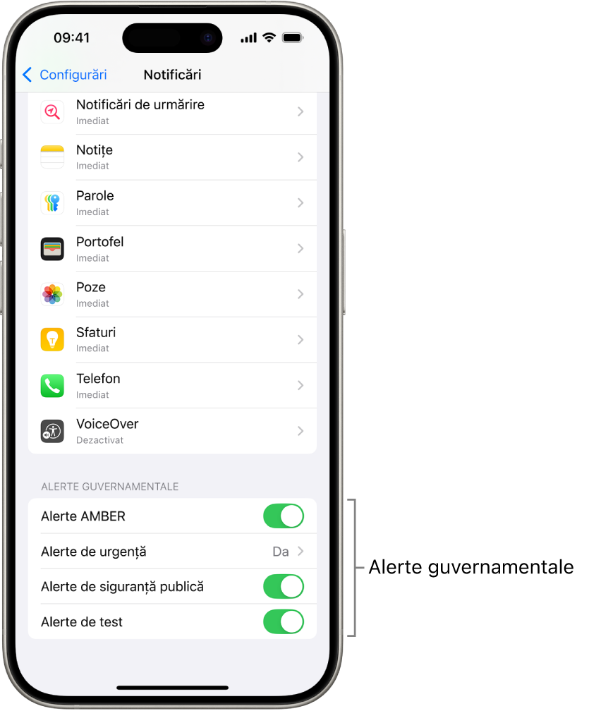 Ecranul Notificări, afișând alertele guvernamentale pe care le puteți activa pentru a primi alerte guvernamentale.