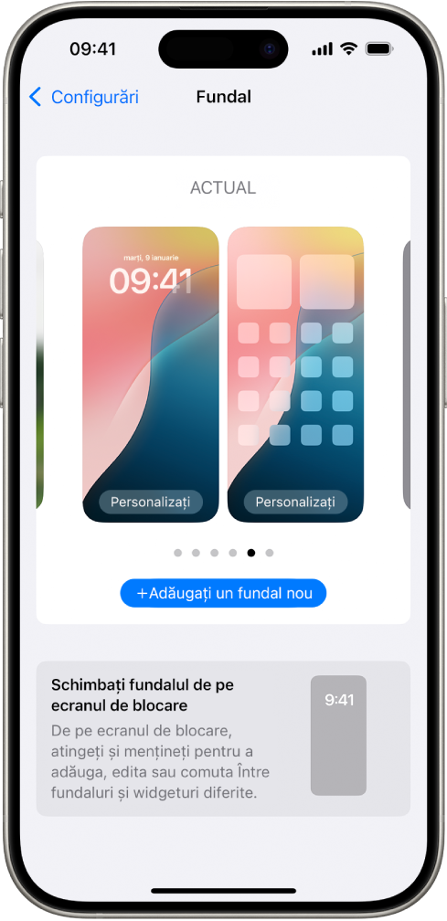 Ecranul Configurări fundal, cu butoanele pentru personalizarea fundalului curent de pe ecranul principal și de pe ecranul de blocare și butonul Adăugați un fundal nou pentru schimbarea fundalului.