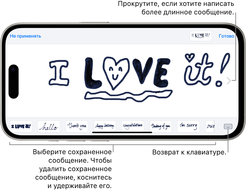 Полотно для создания рукописного сообщения. Вдоль нижнего края слева направо расположены сохраненные надписи от руки и кнопка клавиатуры.