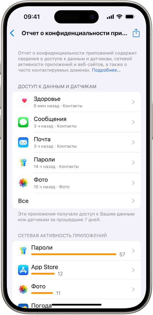 Отчет о конфиденциальности приложений, в котором приведена информация о приложениях в категории «Доступ к данным и датчикам» и о приложениях в категории «Сетевая активность приложений».