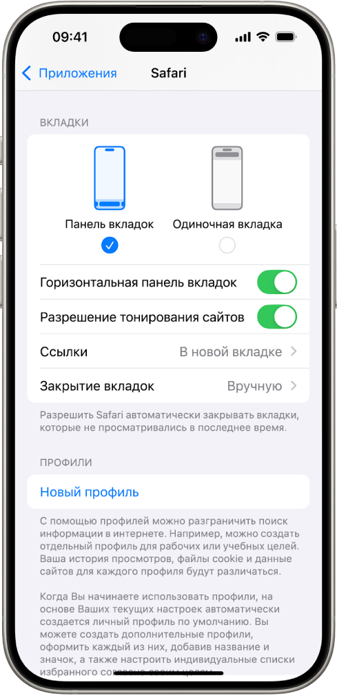 На экране показано два варианта внешнего вида Safari: «Панель вкладок» и «Одиночная вкладка».