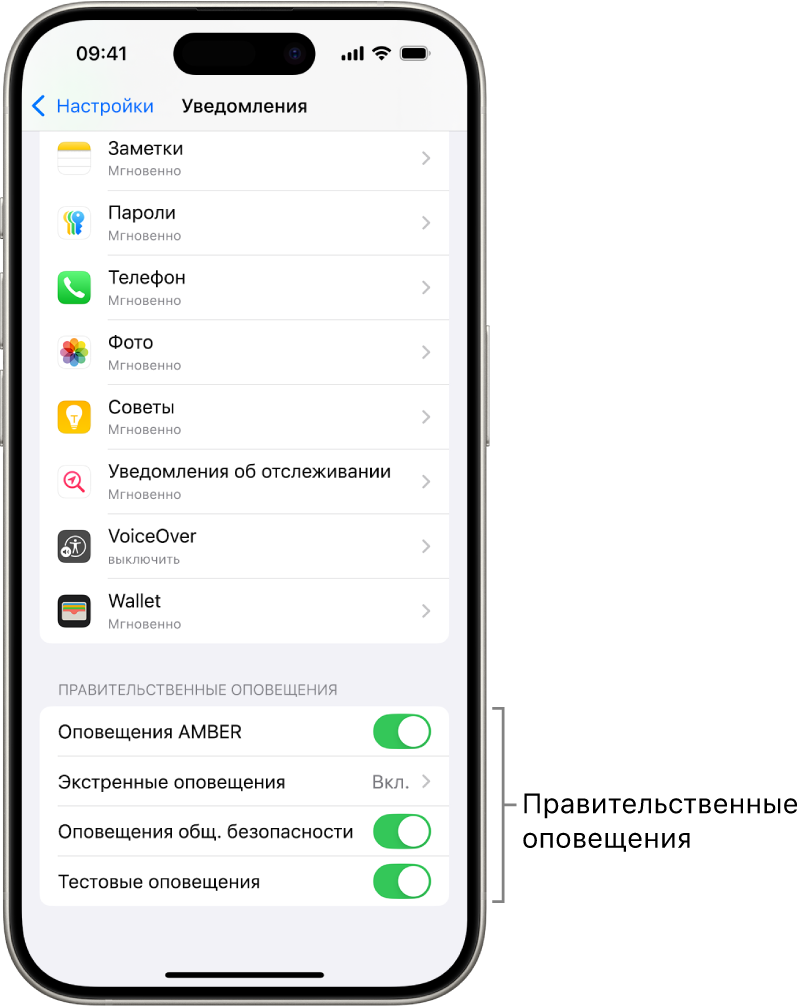 На экране уведомлений показан параметр «Правительственные оповещения», включив который можно получать оповещения от правительства.