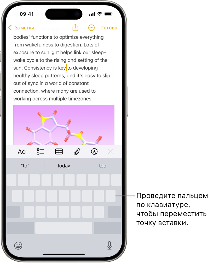 В приложении «Заметки» открыт документ. Экранная клавиатура в нижней части экрана используется в режиме трекпада.