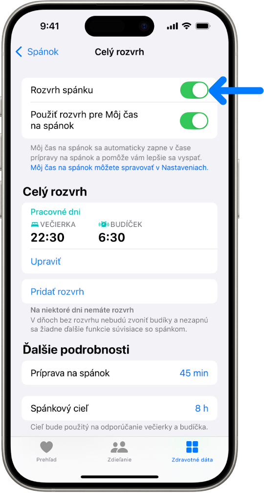 Obrazovka Celý rozvrh v apke Zdravie, na ktorej je v hornej časti zapnutá možnosť Rozvrh spánku.
