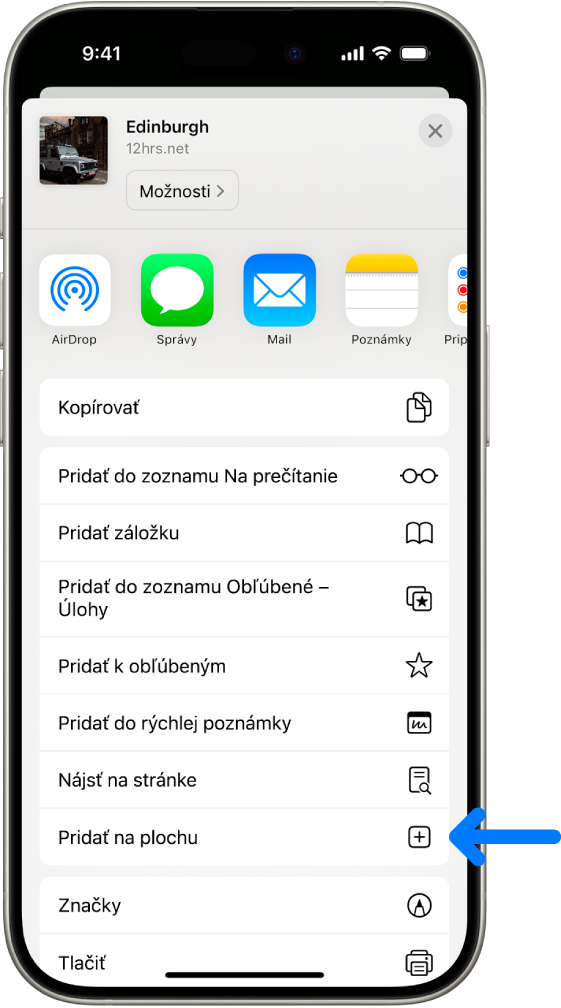 Po klepnutí na tlačidlo Zdieľať na webovej stránke sa v Safari zobrazí zoznam možností vrátane možnosti Pridať na plochu.