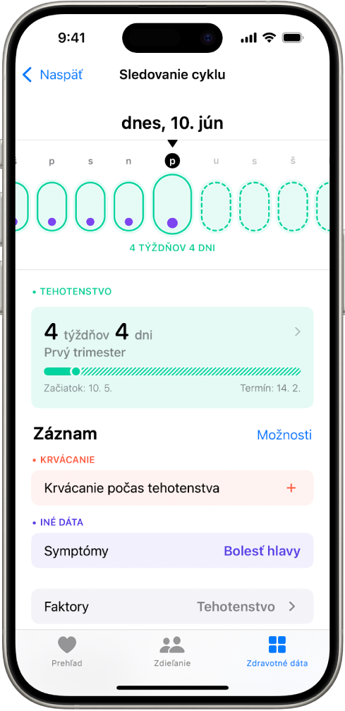 Obrazovka Sledovanie cyklu s časovou osou tehotenstva za týždeň v hornej časti obrazovky. Svetlozelené ovály a fialové bodky označujú prvých 5 dní na časovej osi. Svetlozelené ovály s prerušovaním okrajom označujú ostatné dni na časovej osi. Pod časovou osou sa nachádza zhrnutie tehotenstva, v ktorom je uvedený gestačný vek, dátum začiatku a odhadovaný dátum pôrodu. Pod zhrnutím tehotenstva sú možnosti na pridanie informácií o krvácaní počas tehotenstva, symptómoch a ďalších skutočnostiach.