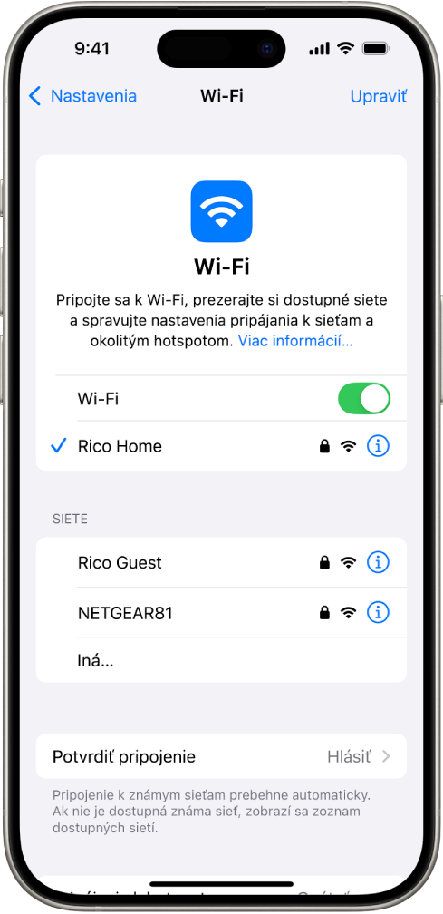Obrazovka možností Wi-Fi v Nastaveniach so zapnutým Wi-Fi a vybranou sieťou.