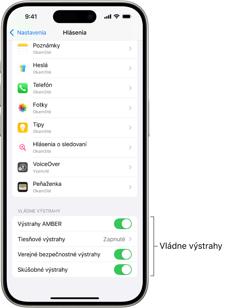 Obrazovka hlásení s vládnymi výstrahami, ktorých prijímanie si môžete zapnúť.