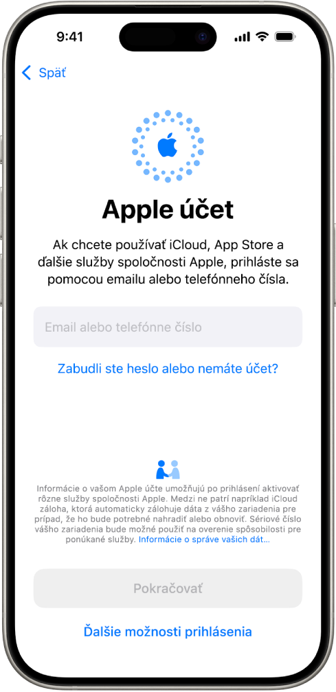 Prihlasovacia obrazovka Apple účtu.