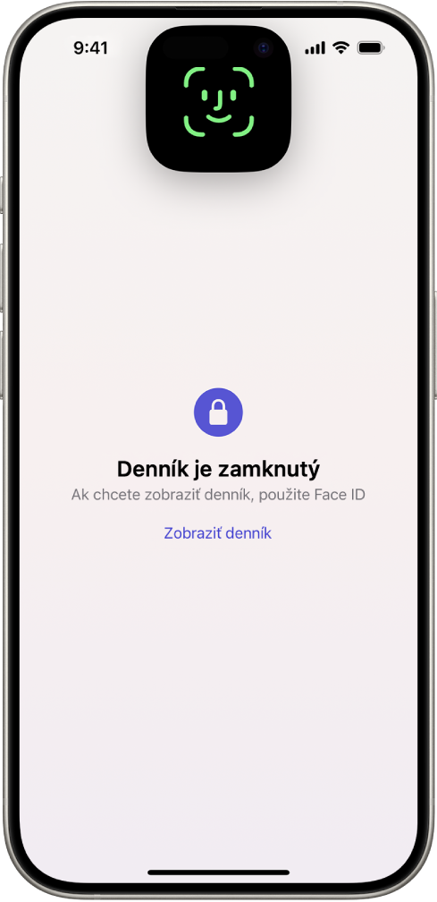 Obrazovka s výzvou na zadanie Face ID na odomknutie denníka.