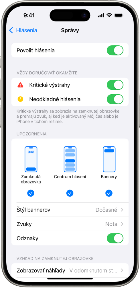 iPhone s nastaveniami apky Správy pre hlásenia a upozornenia.
