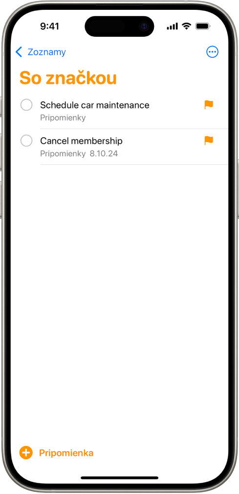 Obrazovka apky Pripomienky s dynamickým zoznamom, ktorý obsahuje všetky položky so značkou.