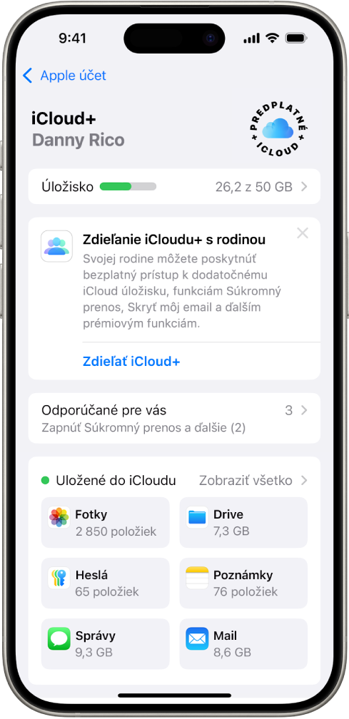 Obrazovka nastavení iCloudu s prehľadom využitia iCloud úložiska a zoznamom funkcií, ktoré je možné s iCloudom používať, napríklad Fotky, iCloud Drive a iCloud záloha.
