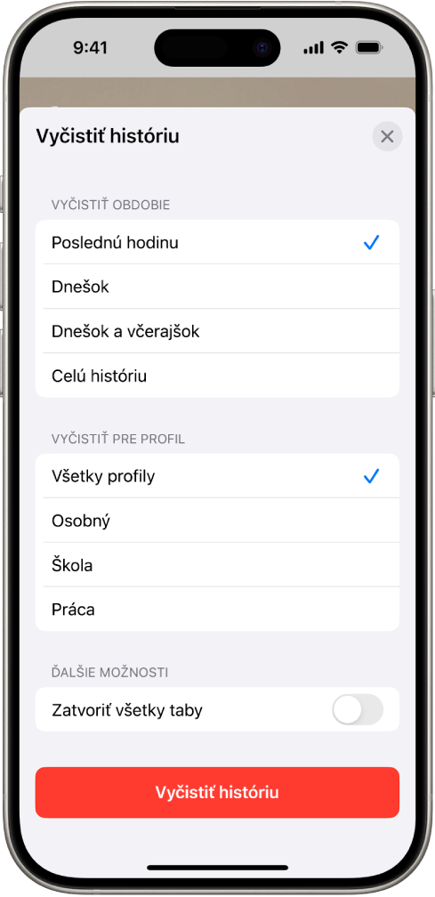 Menu Vyčistiť históriu. V časti Vyčistiť obdobie je vybraná možnosť Poslednú hodinu. V časti Vyčistiť pre profil je vybraná možnosť Všetky profily. V dolnej časti obrazovky je tlačidlo Vymazať históriu.