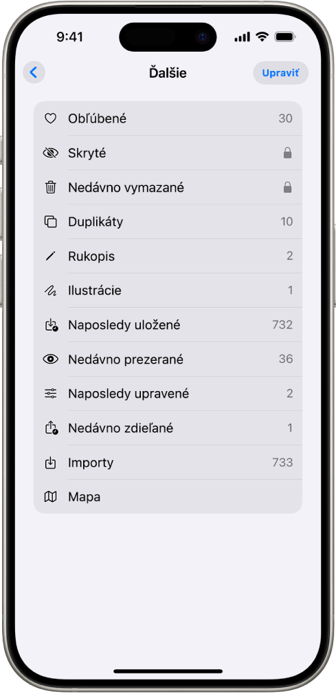 Zbierka Ďalšie otvorená v apke Fotky, ktorá zobrazuje zoznam zbierok fotiek.