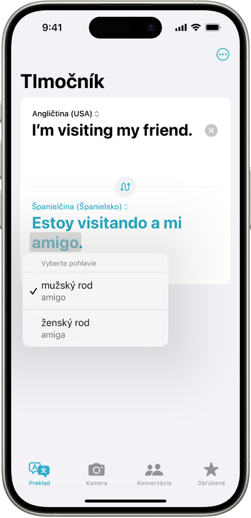 Tab Preklad zobrazujúci preloženú frázu z angličtiny do španielčiny a pod tým slovo s rôznymi rodovými variantmi zvýraznené sivou farbou.
