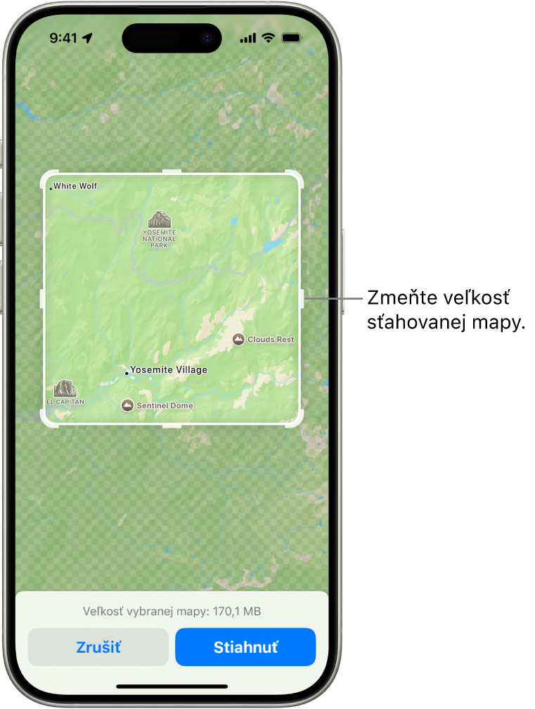 Mapa národného parku. Park je v rámčeku s úchytmi, ktoré možno presúvať a meniť tak veľkosť mapy na stiahnutie. Veľkosť sťahovaného súboru mapy sa zobrazuje v spodnej časti mapy. V dolnej časti obrazovky sa nachádzajú tlačidlá Zrušiť a Stiahnuť.
