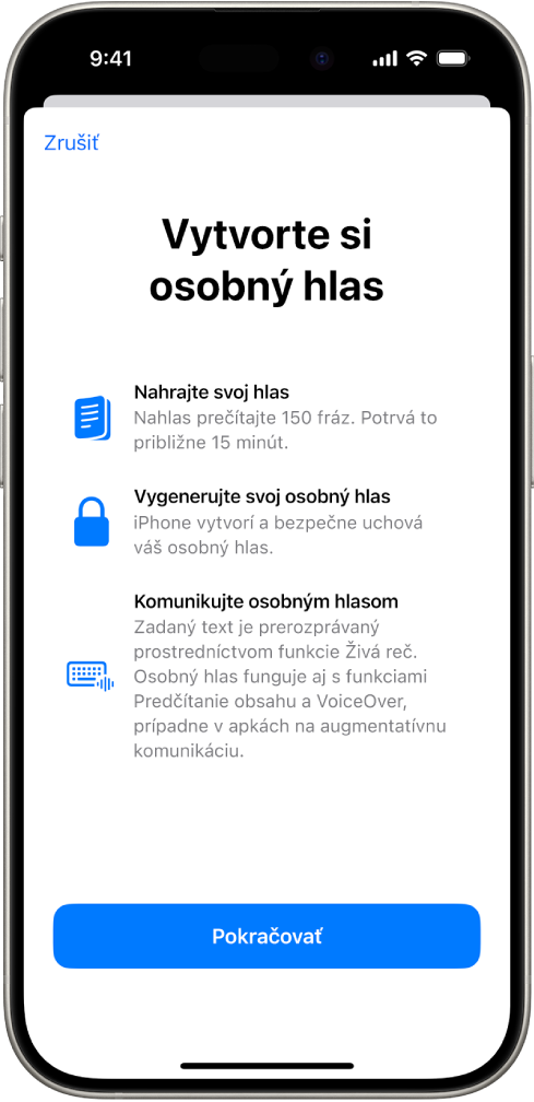 iPhone s informáciami o tom, ako si vytvoriť osobný hlas.