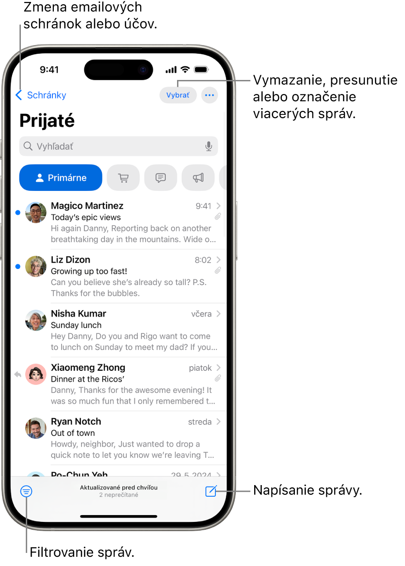 Schránka Prijaté v apke Mail so zoznamom emailov.