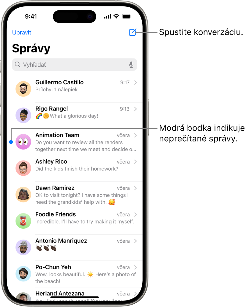 Zoznam konverzácií v apke Správy s tlačidlom Napísať vpravo hore. Neprečítané správy sú označené modrou bodkou naľavo od správy.
