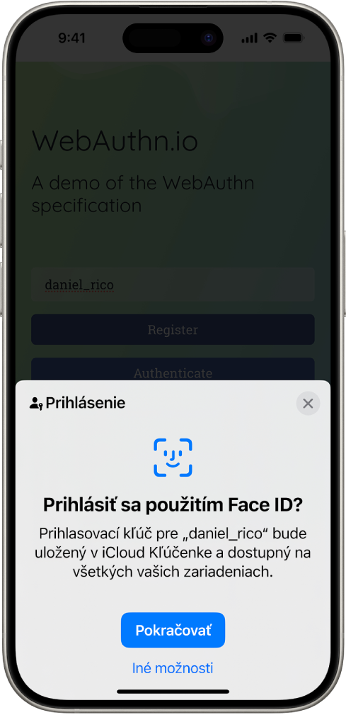 Prihlasovacia obrazovka, ktorá sa zobrazí po uložení prihlasovacieho kľúča pre účet. V dolnej časti obrazovky sa nachádzajú tlačidlá Pokračovať a Ďalšie možnosti.