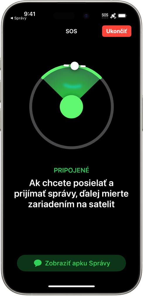 Obrazovka funkcie SOS zobrazuje, že telefón je pripojený, a prikazuje užívateľovi nasmerovať zariadenie na satelit. V dolnej časti obrazovky je tlačidlo Zobraziť správy.